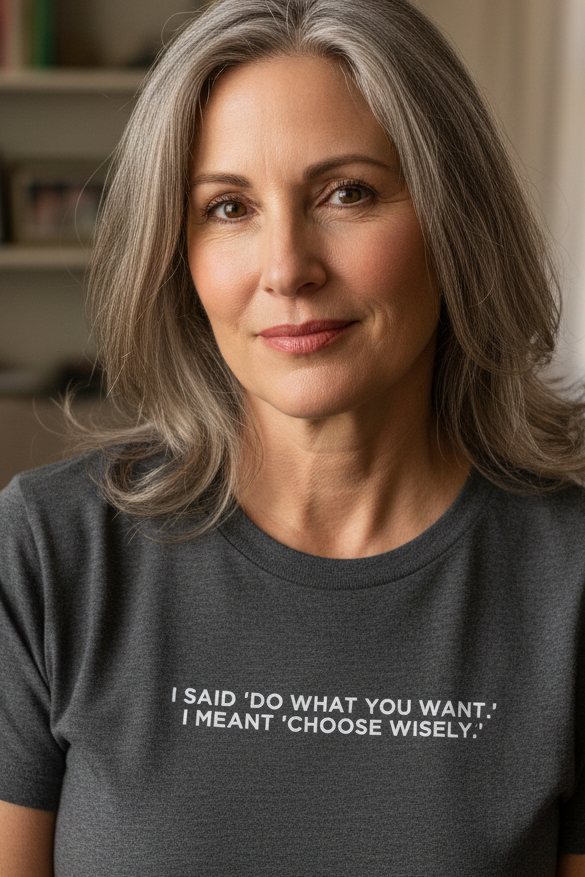 Woman in her mid-50s wearing I SAID DO WHAT YOU WANT I MEANT CHOOSE WISELY shirt