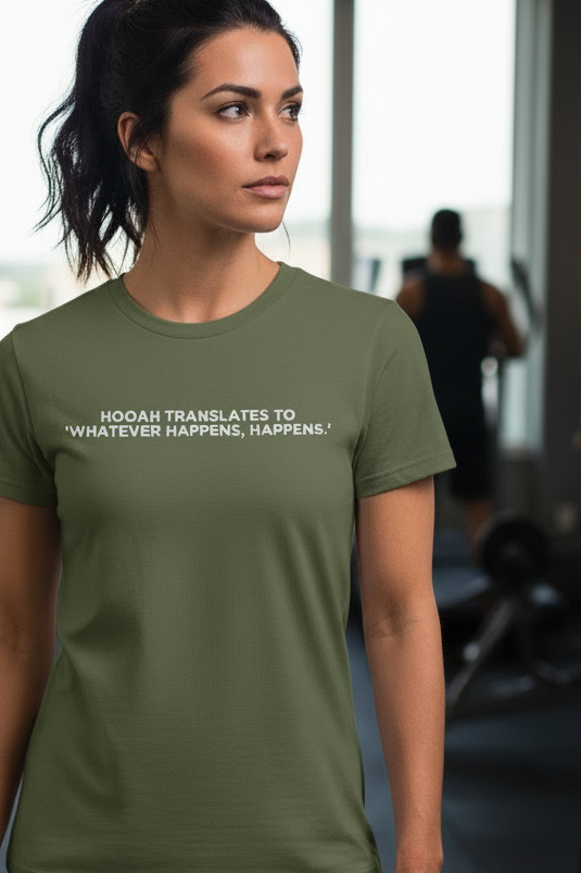 Woman wearing HOOAH army green shirt in active gym