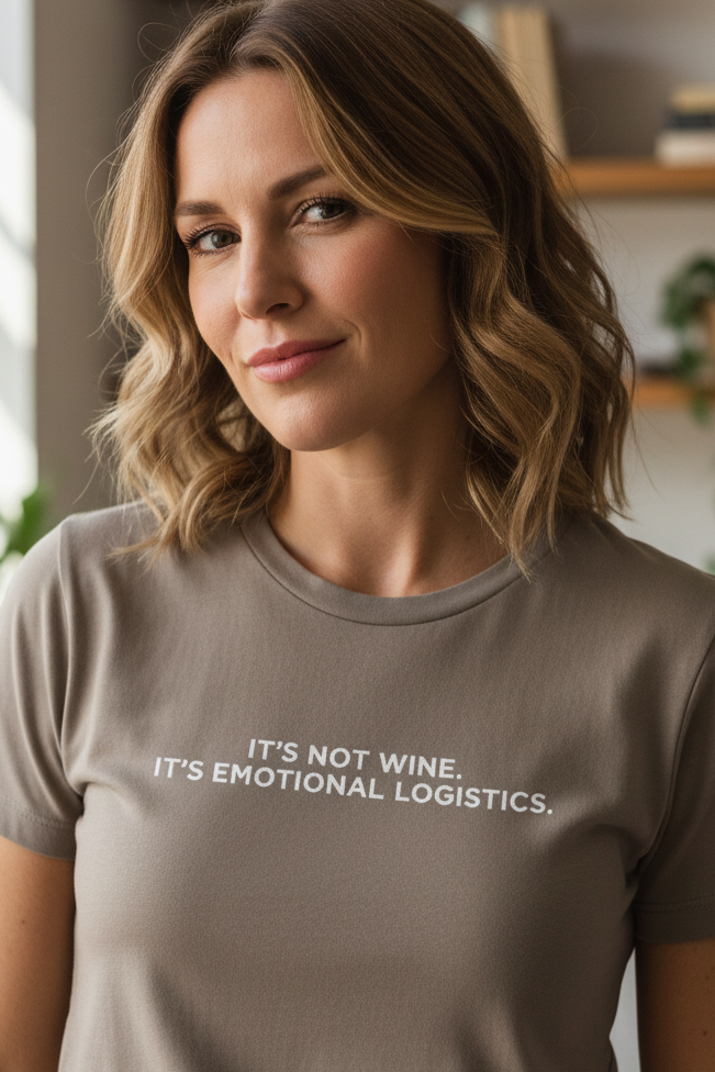 Woman wearing IT'S NOT WINE IT'S EMOTIONAL LOGISTICS shirt