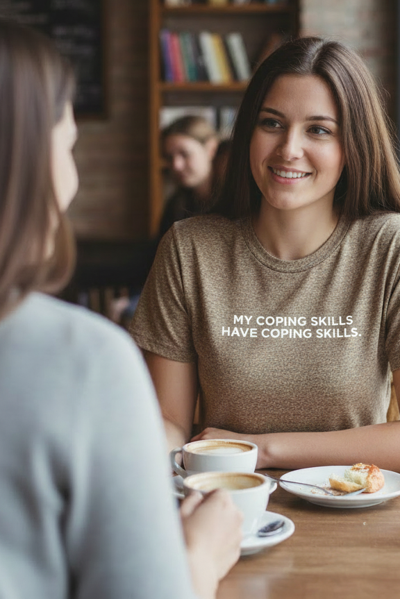 Woman wearing MY COPING SKILLS HAVE COPING SKILLS t-shirt with white text in coffee shop